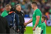 14 October 2023; Jonathan Sexton of Ireland shakes hands with New Zealand assistant coach Joe Schmidt after the 2023 Rugby World Cup quarter-final match between Ireland and New Zealand at the Stade de France in Paris, France. Photo by Brendan Moran/Sportsfile
