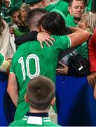 14 October 2023; Jonathan Sexton of Ireland is consoled by his wife Laura after the 2023 Rugby World Cup quarter-final match between Ireland and New Zealand at the Stade de France in Paris, France. Photo by Brendan Moran/Sportsfile