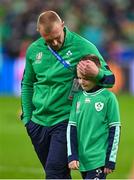 14 October 2023; Keith Earls of Ireland with Luca Sexton, son of Ireland captain Jonathan Sexton, after the 2023 Rugby World Cup quarter-final match between Ireland and New Zealand at the Stade de France in Paris, France. Photo by Brendan Moran/Sportsfile