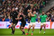 14 October 2023; Will Jordan of New Zealand catches a high ball under pressure from James Lowe of Ireland during the 2023 Rugby World Cup quarter-final match between Ireland and New Zealand at the Stade de France in Paris, France. Photo by Harry Murphy/Sportsfile