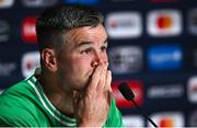14 October 2023; Jonathan Sexton of Ireland during a press conference after his side's defeat in the 2023 Rugby World Cup quarter-final match between Ireland and New Zealand at the Stade de France in Paris, France. Photo by Ramsey Cardy/Sportsfile