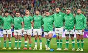 14 October 2023; The Ireland team, from left to right, Hugo Keenan, Dave Kilcoyne, James Lowe, Conor Murray, Tadhg Furlong, Tadhg Beirne, Peter O’Mahony and Jonathan Sexton before the 2023 Rugby World Cup quarter-final match between Ireland and New Zealand at the Stade de France in Paris, France. Photo by Ramsey Cardy/Sportsfile