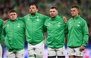 14 October 2023; Ireland players, from left, Tadhg Furlong, Tadhg Beirne, Peter O’Mahony and Jonathan Sexton before the 2023 Rugby World Cup quarter-final match between Ireland and New Zealand at the Stade de France in Paris, France. Photo by Ramsey Cardy/Sportsfile