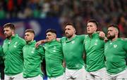 14 October 2023; Ireland players, from left, Iain Henderson, Jack Crowley, Jimmy O’Brien, Jack Conan, Joe McCarthy and Andrew Porter before the 2023 Rugby World Cup quarter-final match between Ireland and New Zealand at the Stade de France in Paris, France. Photo by Ramsey Cardy/Sportsfile
