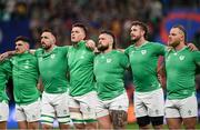 14 October 2023; Ireland players, from left, Jimmy O’Brien, Jack Conan, Joe McCarthy, Andrew Porter, Caelan Doris and Finlay Bealham before the 2023 Rugby World Cup quarter-final match between Ireland and New Zealand at the Stade de France in Paris, France. Photo by Ramsey Cardy/Sportsfile