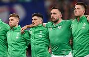 14 October 2023; Ireland players, from left, Jack Crowley, Jimmy O’Brien, Jack Conan and Joe McCarthy before the 2023 Rugby World Cup quarter-final match between Ireland and New Zealand at the Stade de France in Paris, France. Photo by Ramsey Cardy/Sportsfile