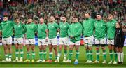 14 October 2023; Ireland players, from right to left, Jonathan Sexton, Peter O’Mahony, Tadhg Beirne, Tadhg Furlong, Conor Murray, James Lowe, Dave Kilcoyne, Hugo Keenan, Garry Ringrose and Dan Sheehan before the 2023 Rugby World Cup quarter-final match between Ireland and New Zealand at the Stade de France in Paris, France. Photo by Ramsey Cardy/Sportsfile