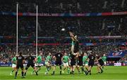 14 October 2023; Iain Henderson of Ireland and Shannon Frizell of New Zealand compete for possession in a lineout during the 2023 Rugby World Cup quarter-final match between Ireland and New Zealand at the Stade de France in Paris, France. Photo by Ramsey Cardy/Sportsfile