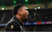 14 October 2023; Ardie Savea of New Zealand celebrates after scoring his side's second try during the 2023 Rugby World Cup quarter-final match between Ireland and New Zealand at the Stade de France in Paris, France. Photo by Ramsey Cardy/Sportsfile