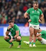 14 October 2023; Peter O’Mahony, left, and Finlay Bealham of Ireland after the 2023 Rugby World Cup quarter-final match between Ireland and New Zealand at the Stade de France in Paris, France. Photo by Ramsey Cardy/Sportsfile