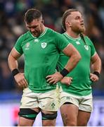 14 October 2023; Peter O’Mahony, left, and Finlay Bealham of Ireland after the 2023 Rugby World Cup quarter-final match between Ireland and New Zealand at the Stade de France in Paris, France. Photo by Ramsey Cardy/Sportsfile