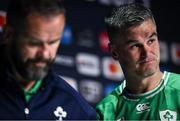 14 October 2023; Ireland captain Jonathan Sexton, right, and Ireland head coach Andy Farrell during a press conference after the 2023 Rugby World Cup quarter-final match between Ireland and New Zealand at the Stade de France in Paris, France. Photo by Ramsey Cardy/Sportsfile