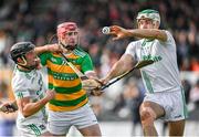 15 October 2023; Nicky Cleere of Bennettsbridge battles for possession against Mikey Butler, left, and Paddy Deegan during the Kilkenny County Senior Club Hurling Championship semi-final match between O'Loughlin Gaels and Bennettsbridge at UPMC Nowlan Park in Kilkenny. Photo by Tyler Miller/Sportsfile