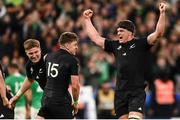 14 October 2023; New Zealand players, from right, Scott Barrett, Beauden Barrett and Jordie Barrett celebrate at full-time in the 2023 Rugby World Cup quarter-final match between Ireland and New Zealand at the Stade de France in Paris, France. Photo by Harry Murphy/Sportsfile