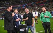 14 October 2023; Presenter Jim Hamilton, former New Zealand captain Richie McCaw, former New Zealand player Stephen Donald, and golfer Shane Lowry before the 2023 Rugby World Cup quarter-final match between Ireland and New Zealand at the Stade de France in Paris, France. Photo by Ramsey Cardy/Sportsfile