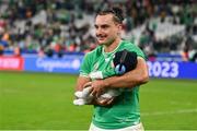 14 October 2023; James Lowe of Ireland with his son Nico after the 2023 Rugby World Cup quarter-final match between Ireland and New Zealand at the Stade de France in Paris, France. Photo by Ramsey Cardy/Sportsfile