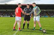 15 October 2023; Referee Brian Gavin with team captains Shinrone captain Declan Cleary, left, and Kilcormac-Killoughey captain Conor Slevin before the Offaly County Senior Club Hurling Championship final match between Kilcormac-Killoughey and Shinrone at Grant Heating St Brendan's Park in Birr, Offaly. Photo by Seb Daly/Sportsfile