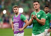 14 October 2023; Jack Crowley, left, and Jonathan Sexton of Ireland after their side's defeat in during the 2023 Rugby World Cup quarter-final match between Ireland and New Zealand at the Stade de France in Paris, France. Photo by Harry Murphy/Sportsfile