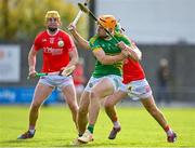 15 October 2023; Cillian Kiely of Kilcormac-Killoughey in action against Donal Morkan of Shinrone, right, during the Offaly County Senior Club Hurling Championship final match between Kilcormac-Killoughey and Shinrone at Grant Heating St Brendan's Park in Birr, Offaly. Photo by Seb Daly/Sportsfile