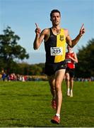 15 October 2023; Eoin Everard of Kilkenny City Harriers AC, celebates winning the master men's 800m during the Autumn Open International Cross Country Festival & The Athletics Ireland Cross County Xperience at Abbotstown in Dublin. Photo by Sam Barnes/Sportsfile