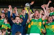 15 October 2023; Kilcormac-Killoughey captain Conor Slevin, left, and teammate Damien Kilmartin lift the Sean Robbins Cup after their side's victory in the Offaly County Senior Club Hurling Championship final match between Kilcormac-Killoughey and Shinrone at Grant Heating St Brendan's Park in Birr, Offaly. Photo by Seb Daly/Sportsfile