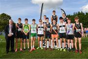 15 October 2023; Dublin U18 6000m medallists with Cllr Tom Kitt, far left, during the Autumn Open International Cross Country Festival & The Athletics Ireland Cross County Xperience at Abbotstown in Dublin. Photo by Sam Barnes/Sportsfile