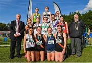 15 October 2023; Dublin girl's U18 4500m medallists with Cllr Tom Kitt, left, and Athletics Ireland President John Cronin during the Autumn Open International Cross Country Festival & The Athletics Ireland Cross County Xperience at Abbotstown in Dublin. Photo by Sam Barnes/Sportsfile