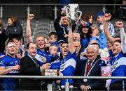 15 October 2023; Sarsfields captain Conor O'Sullivan lifting the cup after the Cork County Premier Senior Club Hurling Championship final between Sarsfields and Midleton at Páirc Uí Chaoimh in Cork. Photo by Eóin Noonan/Sportsfile