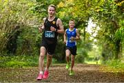 15 October 2023; Adam Veighey of Naas AC, left, competes in the Cross Country Xperience 4k  during the Autumn Open International Cross Country Festival & The Athletics Ireland Cross County Xperience at Abbotstown in Dublin. Photo by Sam Barnes/Sportsfile