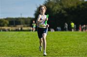 15 October 2023; Rueben Harnett of Dundrum South Dublin B, competes in the boys U13 4x500m relay during the Autumn Open International Cross Country Festival & The Athletics Ireland Cross County Xperience at Abbotstown in Dublin. Photo by Sam Barnes/Sportsfile