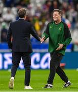 15 October 2023; South Africa director of rugby Rassie Erasmus, right, and France head coach Fabien Galthié before the 2023 Rugby World Cup quarter-final match between France and South Africa at the Stade de France in Paris, France. Photo by Ramsey Cardy/Sportsfile