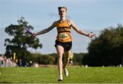 15 October 2023; Oran Power of Leevale AC, celebrates winning the boys U15 4x1000m relay during the Autumn Open International Cross Country Festival & The Athletics Ireland Cross County Xperience at Abbotstown in Dublin. Photo by Sam Barnes/Sportsfile
