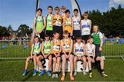15 October 2023; Boys U15 4x1000m relay medallists, Leevale AC, Cork, gold, Metro St Brigid's AC, Dublin, silver, and Dunboyne AC, Meath, bronze, during the Autumn Open International Cross Country Festival & The Athletics Ireland Cross County Xperience at Abbotstown in Dublin. Photo by Sam Barnes/Sportsfile