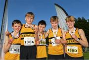 15 October 2023; The Leevale AC, Cork, Boys U15 4x1000m team of Ronan Keenan, Luke Merrigan, Cian Manning, Oran Power and Callum Harrington with their medals during the Autumn Open International Cross Country Festival & The Athletics Ireland Cross County Xperience at Abbotstown in Dublin. Photo by Sam Barnes/Sportsfile