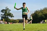 15 October 2023; Conor Twohig of Blarney/Inniscara AC, Cork, celebrates winning the U14 mixed 4x500m relay during the Autumn Open International Cross Country Festival & The Athletics Ireland Cross County Xperience at Abbotstown in Dublin. Photo by Sam Barnes/Sportsfile