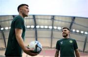 15 October 2023; Ryan Manning and Dara O'Shea, left, during a Republic of Ireland training session at Estádio Algarve in Faro, Portugal. Photo by Stephen McCarthy/Sportsfile