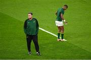 14 October 2023; South Africa director of rugby Rassie Erasmus, right, and Manie Libbok of South Africa before the 2023 Rugby World Cup quarter-final match between France and South Africa at the Stade de France in Paris, France. Photo by Brendan Moran/Sportsfile
