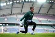 15 October 2023; Goalkeeper Mark Travers during a Republic of Ireland training session at Estádio Algarve in Faro, Portugal. Photo by Stephen McCarthy/Sportsfile