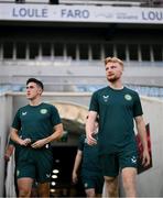 15 October 2023; Liam Scales, right, and Jamie McGrath during a Republic of Ireland training session at Estádio Algarve in Faro, Portugal. Photo by Stephen McCarthy/Sportsfile