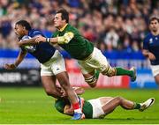 15 October 2023; Peato Mauvaka of France is tackled by Jesse Kriel, and Franco Mostert of South Africa during the 2023 Rugby World Cup quarter-final match between France and South Africa at the Stade de France in Paris, France. Photo by Harry Murphy/Sportsfile