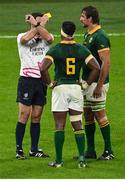 15 October 2023; Eben Etzebeth of South Africa is shown a yellow card by referee Ben O'Keeffe during the 2023 Rugby World Cup quarter-final match between France and South Africa at the Stade de France in Paris, France. Photo by Brendan Moran/Sportsfile