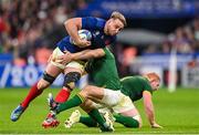 15 October 2023; Anthony Jelonch of France is tackled by Deon Fourie of South Africa during the 2023 Rugby World Cup quarter-final match between France and South Africa at the Stade de France in Paris, France. Photo by Ramsey Cardy/Sportsfile