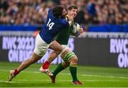 15 October 2023; Kwagga Smith of South Africa is tackled by Damien Penaud of France during the 2023 Rugby World Cup quarter-final match between France and South Africa at the Stade de France in Paris, France. Photo by Harry Murphy/Sportsfile