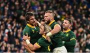 15 October 2023; Eben Etzebeth of South Africa, left, celebates with team-mates after scoring their side's third try during the 2023 Rugby World Cup quarter-final match between France and South Africa at the Stade de France in Paris, France. Photo by Harry Murphy/Sportsfile