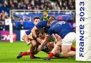 15 October 2023; Eben Etzebeth of South Africa dives over to score his side's fourth try despite the tackle of Matthieu Jalibert of France during the 2023 Rugby World Cup quarter-final match between France and South Africa at the Stade de France in Paris, France. Photo by Harry Murphy/Sportsfile