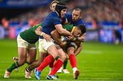 15 October 2023; Damian de Allende of South Africa is tackled by Antoine Dupont, left, and Gael Fickou of France during the 2023 Rugby World Cup quarter-final match between France and South Africa at the Stade de France in Paris, France. Photo by Harry Murphy/Sportsfile