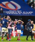 15 October 2023; Antoine Dupont of France, left, reacts after the 2023 Rugby World Cup quarter-final match between France and South Africa at the Stade de France in Paris, France. Photo by Harry Murphy/Sportsfile