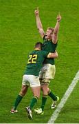 15 October 2023; Pieter-Steph Du Toit of South Africa, right, celebrates with team-mate Handre Pollard after the 2023 Rugby World Cup quarter-final match between France and South Africa at the Stade de France in Paris, France. Photo by Brendan Moran/Sportsfile