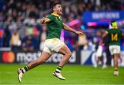 15 October 2023; Damian de Allende of South Africa celebrates after the 2023 Rugby World Cup quarter-final match between France and South Africa at the Stade de France in Paris, France. Photo by Ramsey Cardy/Sportsfile