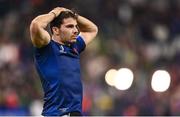 15 October 2023; Antoine Dupont of France reacts after his side's defeat in the 2023 Rugby World Cup quarter-final match between France and South Africa at the Stade de France in Paris, France. Photo by Harry Murphy/Sportsfile
